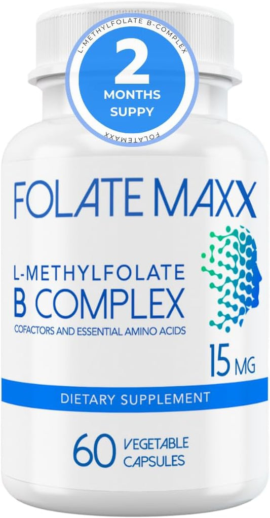 FolateMaxx L-Methylfolate + B12 Methylcobalamin & B6 Blend (15mg) - 60 Capsules - Active B-Complex with Cofactors & Essential Amino Acids - Non GMO, Gluten Free, No Fillers
