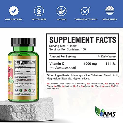 America Medic & Science Rapid-C 1000mg Vitamin C Supplement (2 Pack of 100 Tablets) Energy Booster, Daily Immune System Support, Antioxidant | Vegan, Non-GMO Coated Ascorbic Acid for Adult Men & Women