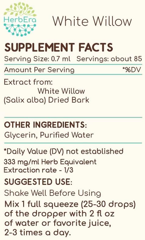 White Willow B60 Alcohol-Free Herbal Extract Tincture, Concentrated Liquid Drops Natural White Willow (Salix Alba) Dried Bark 2 fl oz