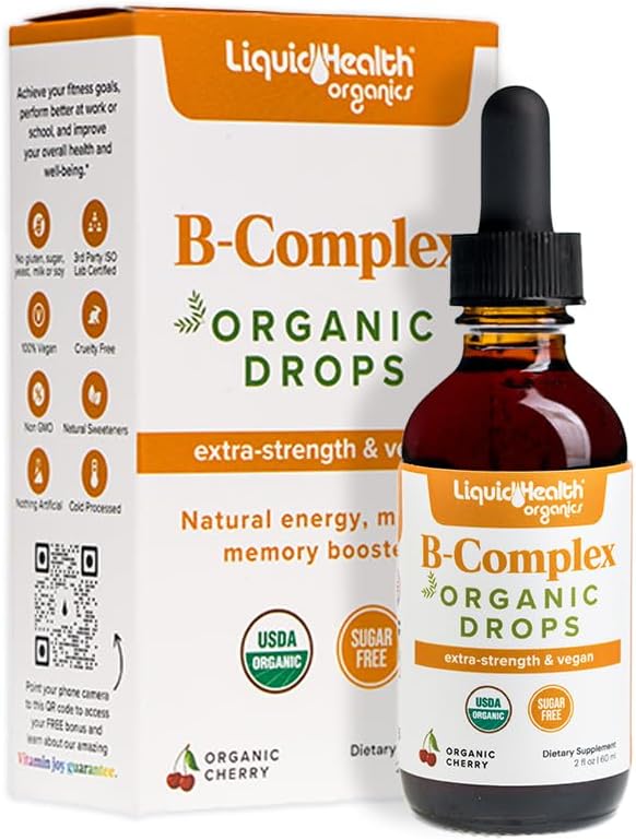 LIQUIDHEALTH USDA Organic Vitamin B Complex Drops for Men & Women - Natural Energy, Improved Focus, Memory & Mood, Immune Support, Metabolism Boost - USA Made, Extra Strength, Sugar Free, Vegan (2 oz)