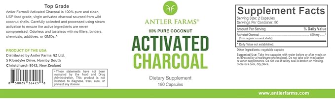 Antler Farms - 100% Pure Coconut Activated Charcoal, 180 Capsules 260mg - Wild Harvested, Virgin Coconut Shell, USP Food Grade, Steam Activated, Ultra Fine