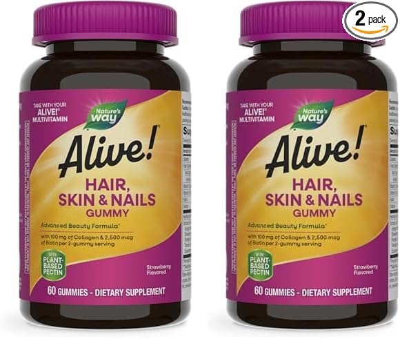 Nature's Way Alive! Hair, Skin & Nails Gummies, Advanced Beauty Formula*, with Biotin and Collagen, Strawberry Flavored, 60 Gummies (Packaging May Vary) (Pack of 2)