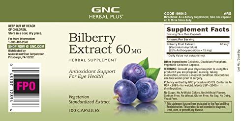 GNC Herbal Plus Bilberry Extract Supplement, Vegetarian, Supports Eye and Health, 100 Servings
