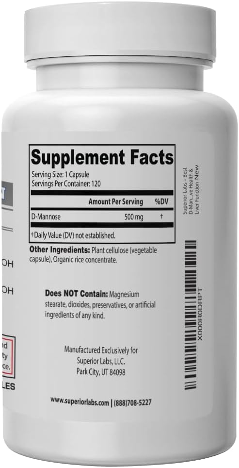 Superior Labs – Best D-Mannose NonGMO Dietary Supplement – 500mg, 120 Vegetable Capsules – Powerful Prebiotic – Boosts Urinary Tract Health – Supports Digestive Health & Liver Function