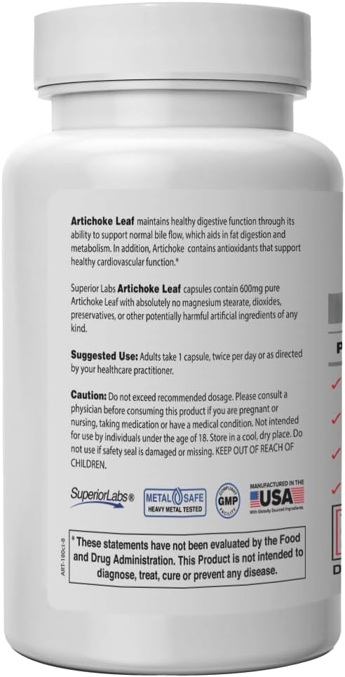 Superior Labs – Artichoke Leaf NonGMO Powerful with Caffeoylquinic Acid Natural Dietary Supplement to Support Healthy Metabolism, Digestion, Antioxidant, – 600 mg Dosage – 180 Veg Caps