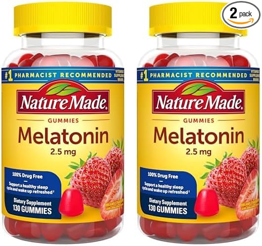 Nature Made Melatonin 2.5 mg Gummies, 100% Drug Free Sleep Aid for Adults, 130 Gummies, 130 Day Supply (Pack of 2)