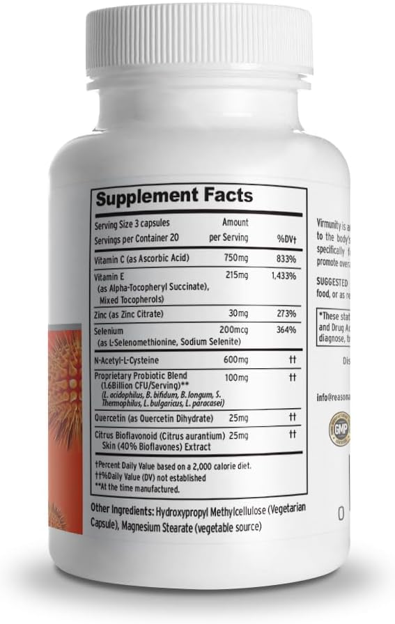 Virmunity - Immune Support Supplement, 60 Capsules for Adults, with Vitamin C and E, Selenium, Zinc, Antioxidants, NAC, and probiotics.