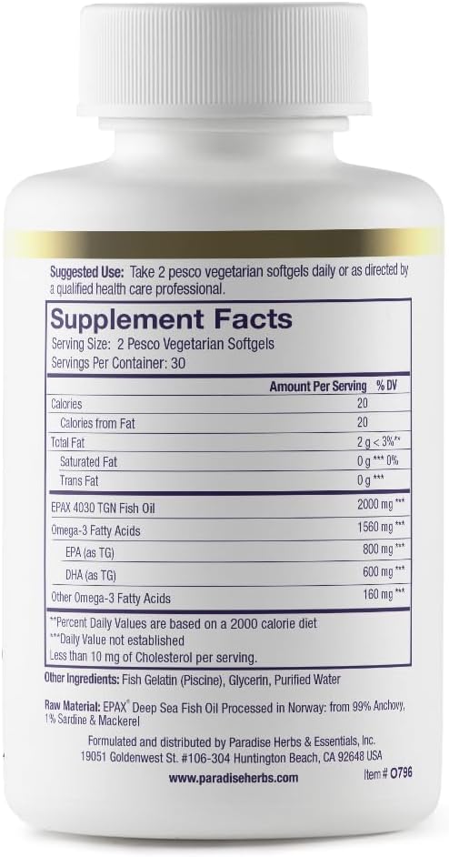 Paradise Herbs Omega-Sure, Omega-3 Concentrate, Premium Fish Oil, DHA, EPA, Vegan, Non GMO, Gluten Free, 60 Count Vegetarian Softgels