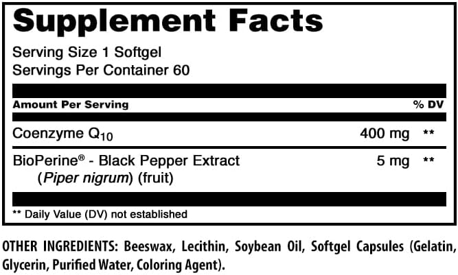 Amazing Formulas CoQ10 with Bioperine Supplement | 400 Mg Per Serving | 60 Softgels | Non-GMO | Gluten Free | Made in USA