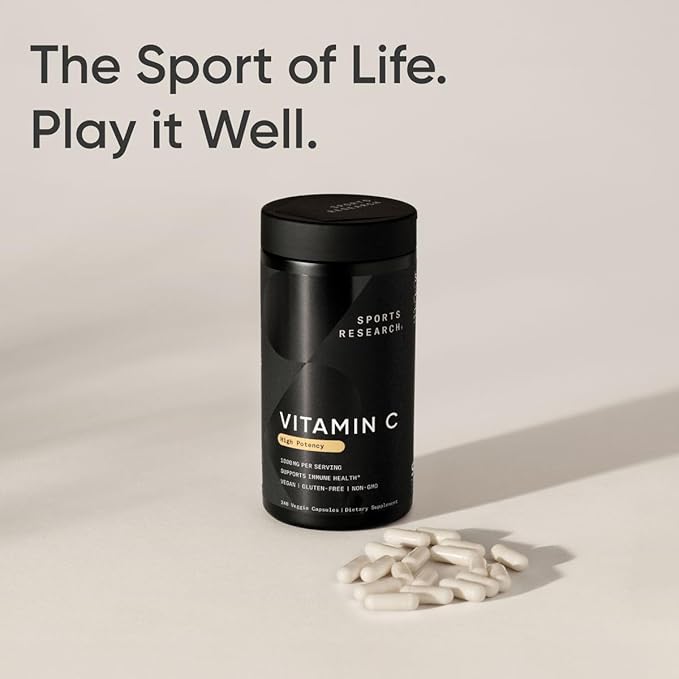 Sports Research Vitamin C 1000mg - Non-GMO Project Verified Ascorbic Acid Vitamin C Supplement for Immune Support & Antioxidant Protection | Vegan Friendly, 8 Month Supply (240 Count)