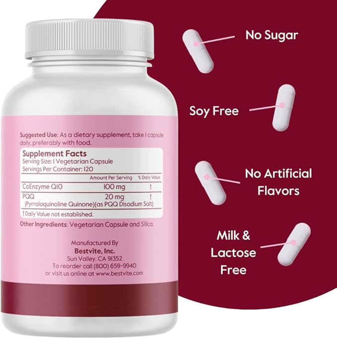 BESTVITE Coq10 100mg w/PQQ 20mg (120 Veggie Caps) - No Stearates - Vegan - Non GMO - Gluten Free - Coq10 with PQQ