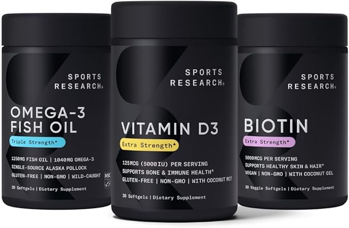 Sports Research Triple Strength Omega 3 Burpless Fish Oil 1250mg from Wild Alaska Pollock, Vitamin D3 5000 IU with Coconut MCT Oil (125mcg) and Vegan Biotin 5000mcg Vitamin B7-30 Softgels Each