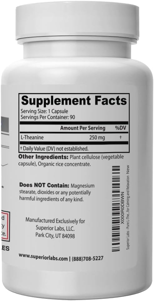 Superior Labs - Pure L-Theanine Non-GMO, No Additives - 250mg, 90 Vegetable Capsules - Powerful Formula for Healthy Sleep and Mood - Dietary Supplement for Calming and Relaxation