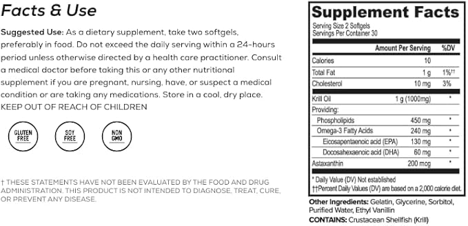 ONNIT Antarctic Krill Oil Soft Gels, Dietary Supplement with Omega-3s, EPA, DHA, Astaxanthin and Phospholipids to Support Coginitive, Cardiovascular and Joint Health, 1000mg Per Serving, 60 Count