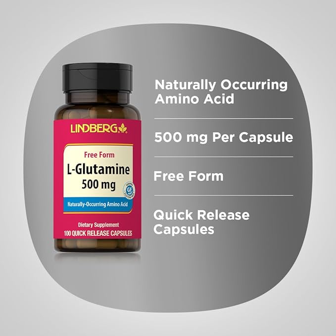 Lindberg L Glutamine Capsules for Women and Men | 500mg | 100 Pills | Free Form Supplement | Non-GMO, Gluten Free