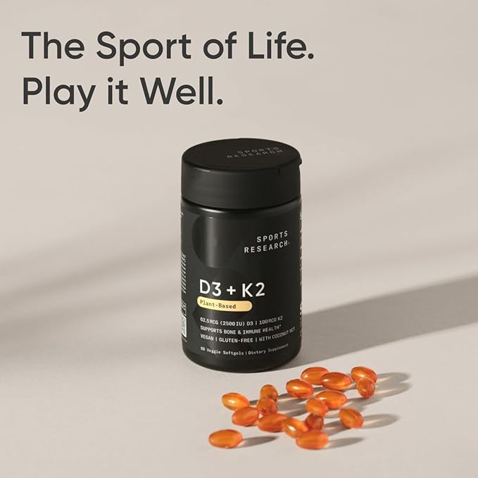 Sports Research® Vitamin D3 + K2 with Coconut MCT Oil | Vegan D3 2500iu (62.5mcg) & Plant Based Vitamin K2 100mcg | Vegan Certified, Soy & Gluten Free - 60 Softgels
