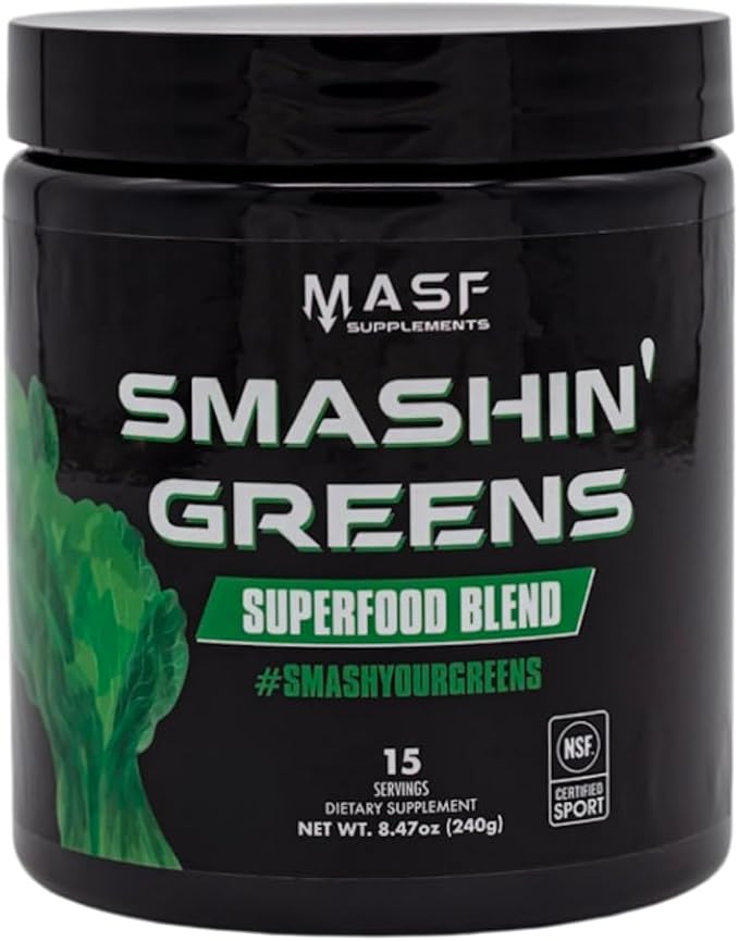 MASF Supplements Smashin' Greens Superfood Organic Blend - 15 Servings - Boost Energy, Immune Support, Digestive Health with Organic Wheat Grass, Spirulina, Chlorella - NSF Certified