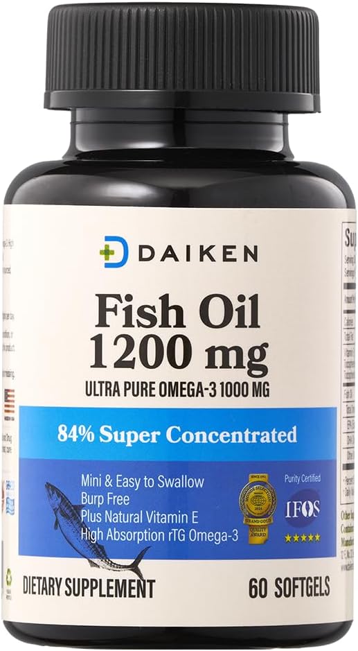 DAIKEN Mini Fish Oil 1200 mg, rTG Omega 3 1000mg, 60 Softgels, High Absorption & Burpless Fish Oil for Healthy Heart, Brain and Dry Eyes Support