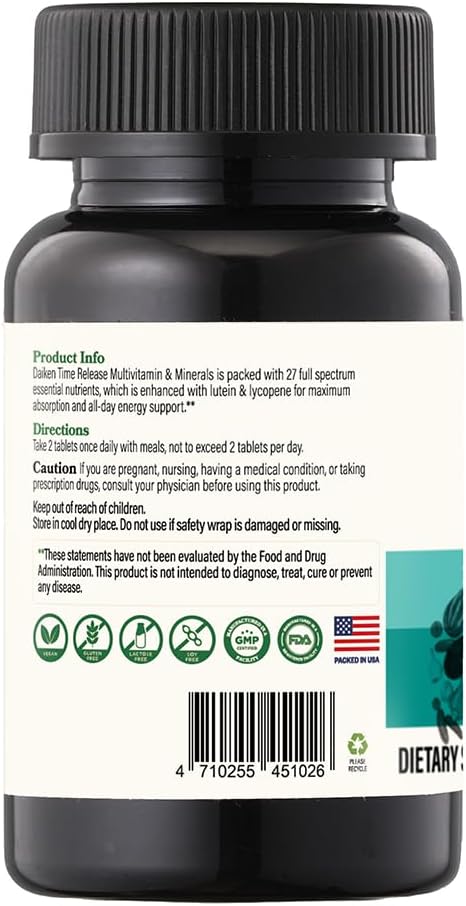 DAIKEN Mini Multivitamin, 60 Tablets, Enhanced with Lutein, Lycopene & Folic Acid, Time Released Multivitamin for Women & Men, Vegan & Easy to Swallow (Pack of 2)