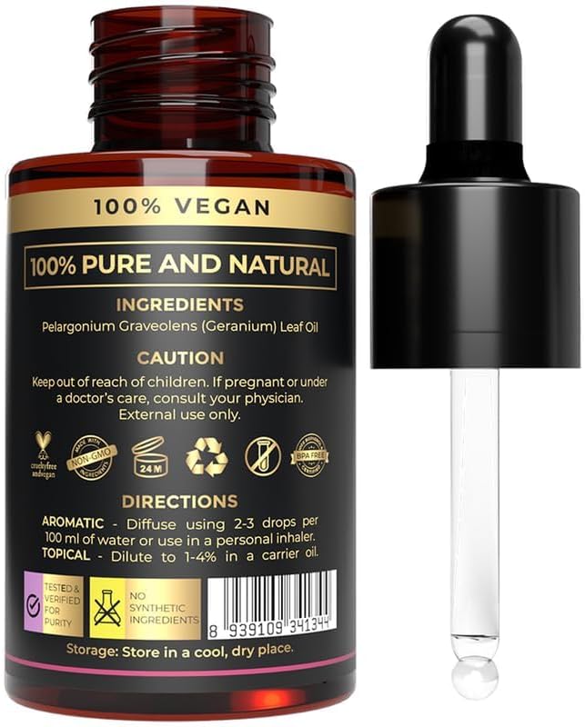 USDA Organic Pure Geranium Essential Oil for Diffuser | Vegan Skincare Essential Oils - Ideal for Skin Care, Aromatherapy, Essential Oil Blends and Home Scent Diffusers