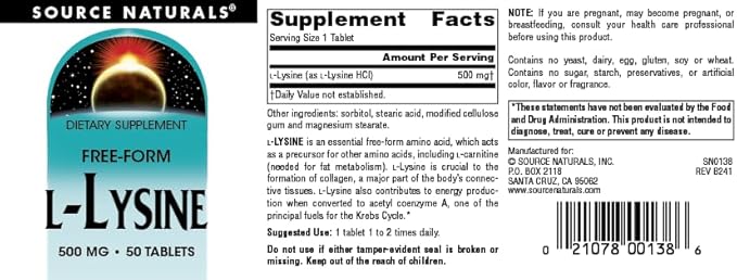 Source Naturals L-Lysine Free Form -Amino Acid Supplement Supports Energy Formation & Collagen* - 500 mg- 50 Tablets
