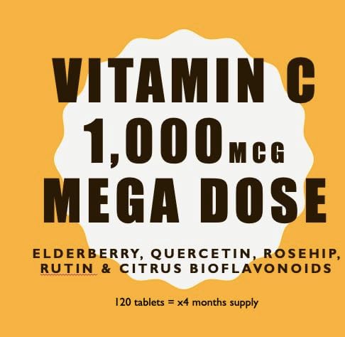 Immunity Vitamin C 1000mg with Elderberry, Quercetin, Bioflavonoids, Rose Hips, Rutin - 4 Months Supply, 120 Tablets - Immune System Support