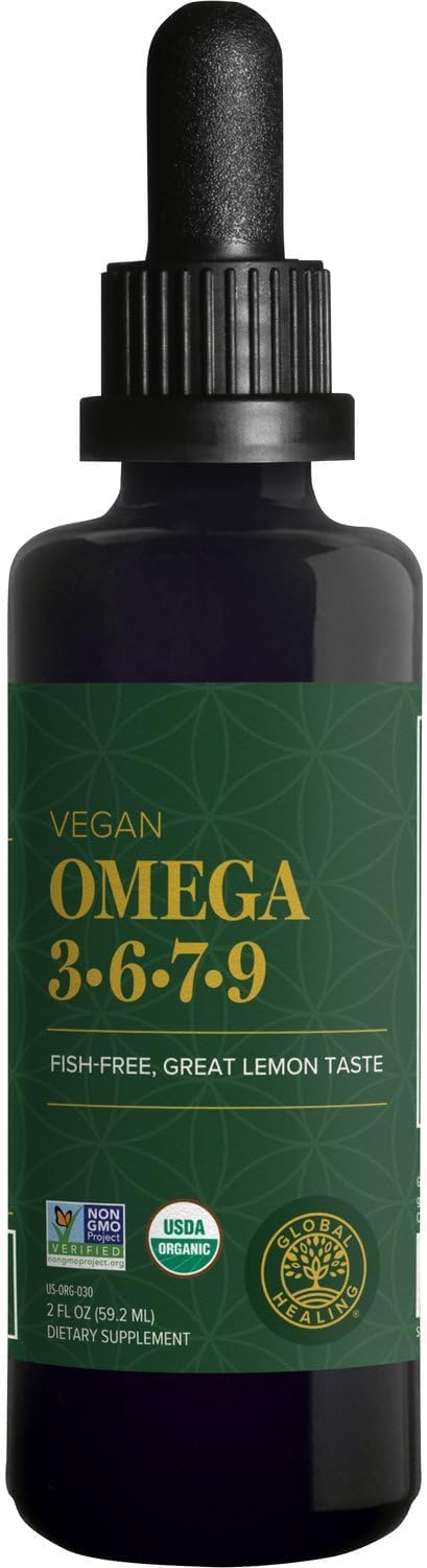 Global Healing Organic Omega 3 6 9 and 7 (Seaberry CO2 Extract) - Fish-Free, Non-GMO Omega 3 Supplement for Women & Men, Contains Perilla Seed & Flaxseed Oil - Fish Oil Alternative - 2 Fl Oz