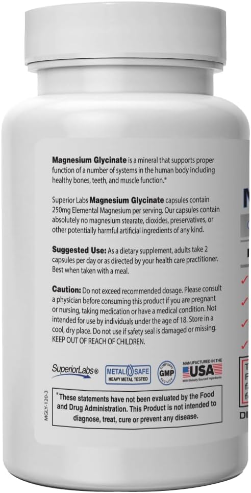 Superior Labs - Magnesium Glycinate - 1250 mg, 120 Vegetable Capsules - Essential Mineral - Maintains Energy - Healthy Bones and Muscle Function- Relaxation & Sleep
