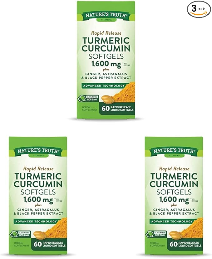 Nature's Truth Turmeric Curcumin 10mg | Softgel Capsules | with Ginger, Astragalus, Black Pepper Extract | Non-GMO, Gluten Free Supplement | by Assorted 60 Count (Pack of 3)
