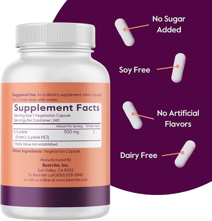 BESTVITE L-Lysine 500mg per Capsule (240 Vegetarian Capsules) - No Stearates - No Fillers - No Flow Agents - Vegan - Non GMO - Gluten Free - No Stearic Acid - No Dicalcium Phosphate