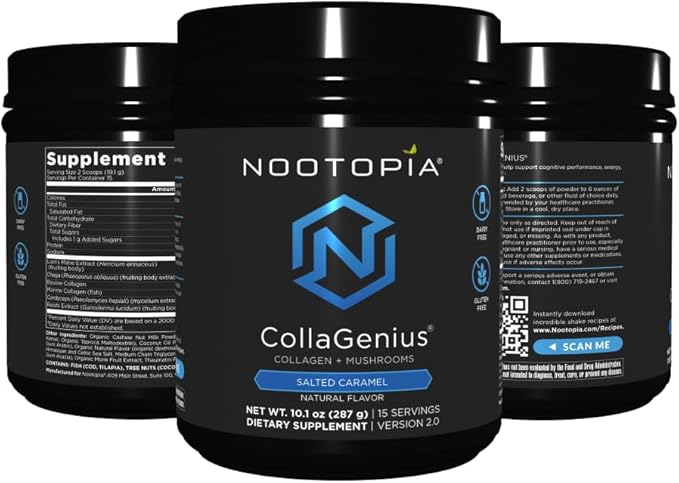 Collagenius v 2.0 - Blended Powder of 4 Mushrooms, Collagen & Superfoods - Brain Supplement Supports Focus, Memory, Hair, Skin - Salted Caramel 15 Servings