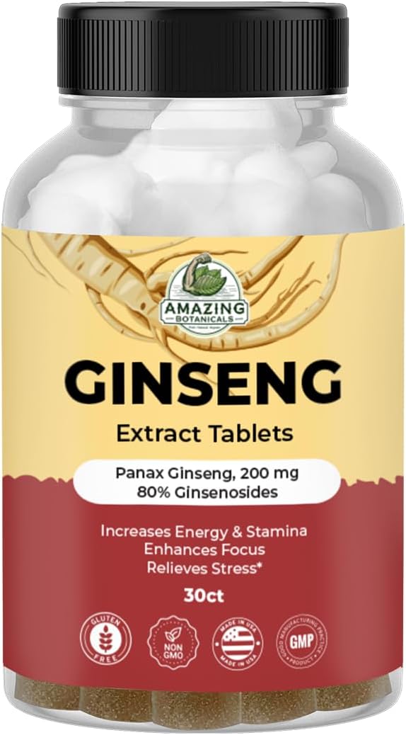 Panax Ginseng Extract Tablets - 200mg Highly Potent 80% Ginsenosides for Energy & Relaxation - Natural Herbal Supplement for Cognitive Booster - 30 Tablets