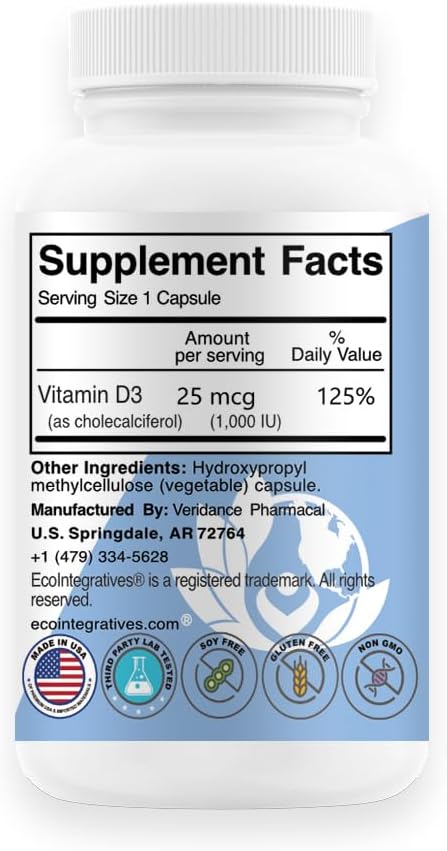 Vitamin D3-1000 IU 25 mcg (Cholecalciferol) Hypoallergenic Support for Muscles, Bones & Teeth, Breast, Prostate, Cardiovascular, Colon & Immune Health (250 Veggie Capsules)