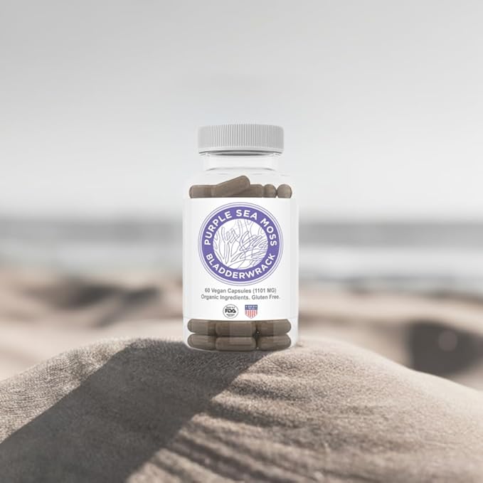 Purple Seamoss + Bladderwrack Seaweed Capsules - 2202mg Complete Nutrient Profile Dr. Sebi Inspired Wildcrafted & Wildharvested Made in The USA Rich in Minerals 60 ct
