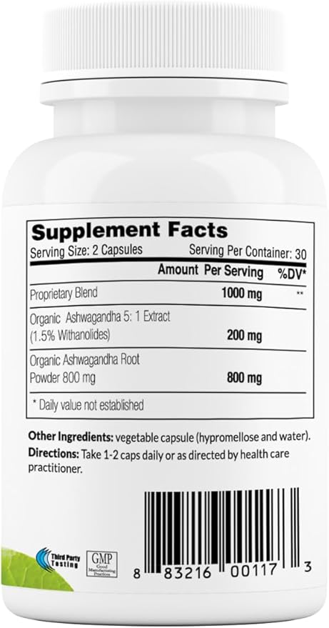 Sewanti Organic Ashwagandha Capsules - Natural Stress Relief & Energy Boost - Dietary Supplement High Potency Extract 60 Vegan Capsules - 500mg