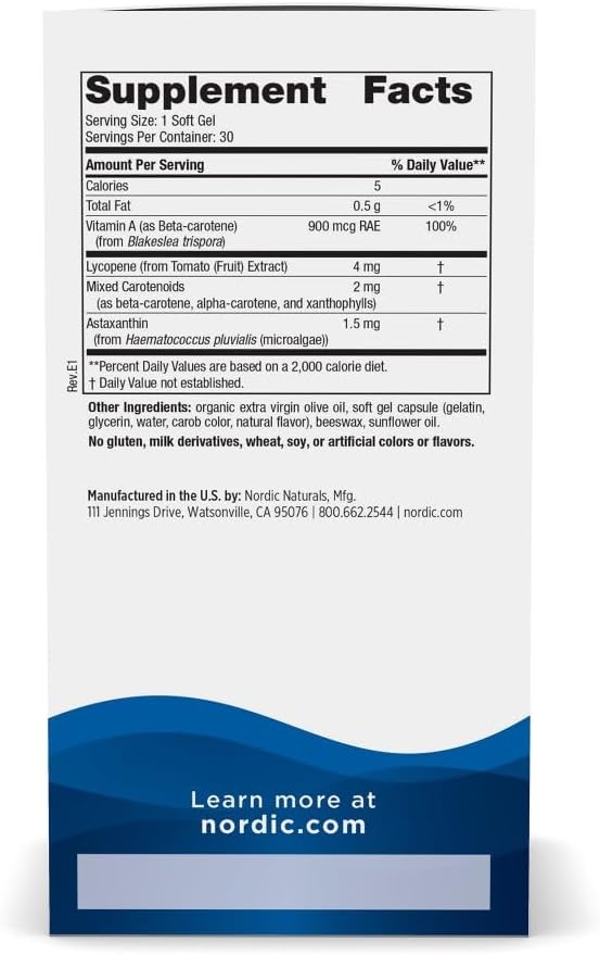 Nordic Naturals Vitamin A + Carotenoids, Unflavored - 30 Soft Gels - Lycopene & Astaxanthin - Supports Skin, Cellular Health - Non-GMO - 30 Servings