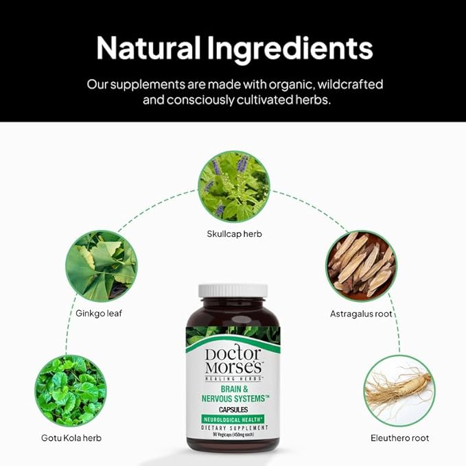 Doctor Morse's Brain & Nervous Systems Support - Support Immunity & Stress Level - Naturopath Formulated Nootropic Supplement - Ginkgo Leaf, Gotu Kola, Astragalus Root & Butchers Broom - 90 Capsules