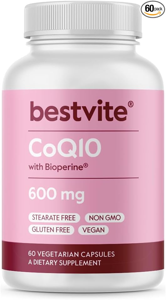 BESTVITE Coenzyme CoQ10 600mg per Capsule with Bioperine (60 Vegetarian Capsules) Naturally Fermented - No Titanium Dioxide - No Fillers - No Stearates - Vegan - Gluten Free - Non GMO