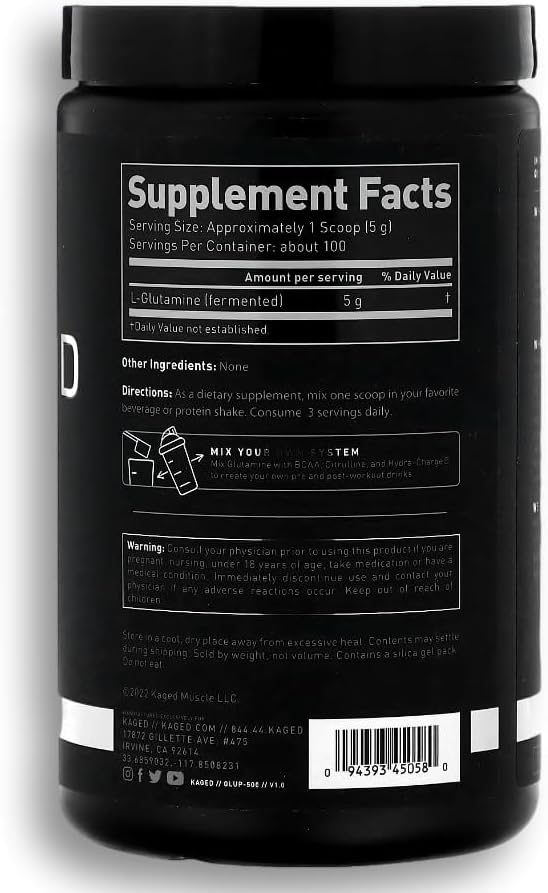 Kaged Muscle, L-Glutamine Powder 500 Gram, Vegan, Support Muscle Recovery, Post Workout, Glutamine, Banned-Substance Free, Unflavored, 100 Servings
