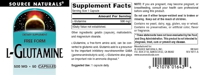 Source Naturals L-Glutamine, Free Form Amino Acid That Supports Metabolic Energy*, 500mg - 50 Capsules