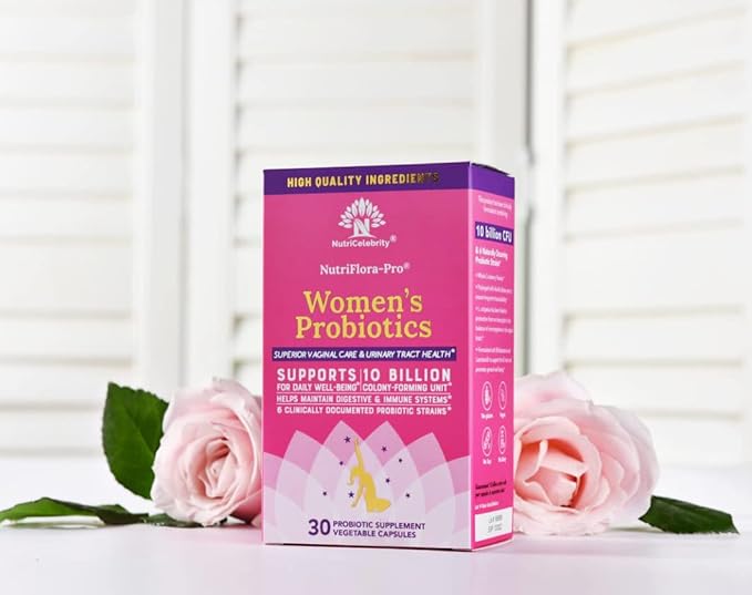 NutriCelebrity NutriFlora-Pro Probiotics for Women - Support Vaginal, Urinary Health (UTI), Digestive System, Period Pain, Yeast, and BV Relief, Cranberry Pills, 10 Billion CFU 6 Strains (30 Caps)