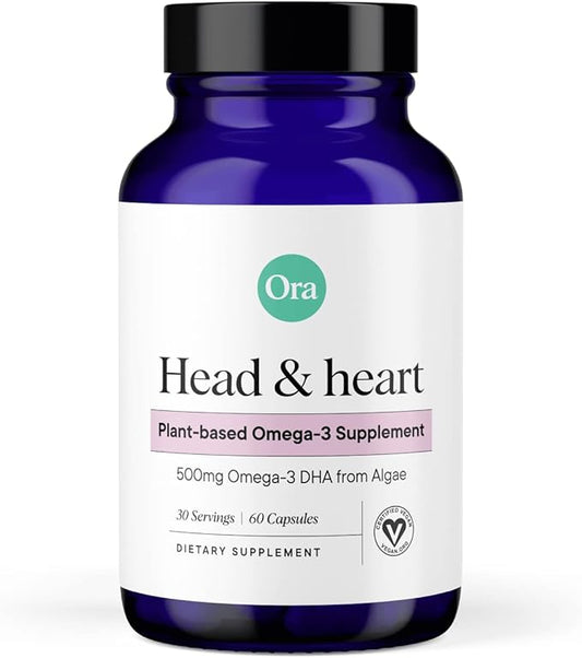 Ora Organic Vegan Omega 3 Supplement - 500mg DHA for Brain, Eye, and Heart Health - Made from Sustainable Algae - 60 Capsules
