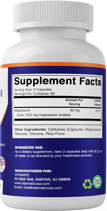 Vitamatic Magnesium Orotate Supplement – 1500mg per Serving, 180 Capsules – Supports Muscle, Nerve and Heart Health - Non-GMO, Gluten Free