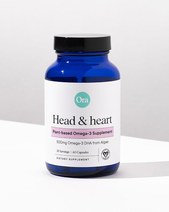Ora Organic Vegan Omega 3 Supplement - 500mg DHA for Brain, Eye, and Heart Health - Made from Sustainable Algae - 60 Capsules