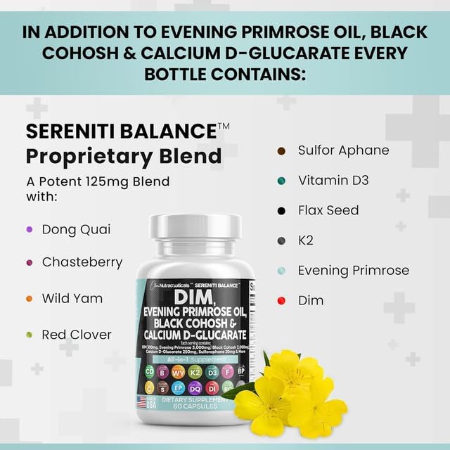 Clean Nutraceuticals DIM Evening Primrose Black Cohosh Calcium D-Glucarate Sulforaphane Flax Seed Extract - Hormonal Support Vitamins for Women with Dong Quai - 60 Caps