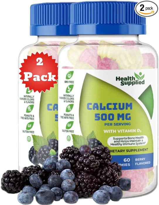 Calcium 500mg with Vitamin D3 1000 IU Gummies | Daily Dietary Supplement | Bone Strength, Growth, Teeth | for Adults, Teens, Kids | Great Tasting Natural Berry Flavor Vitamin Gummy