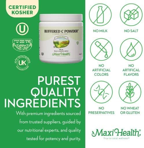 Maxi Health Buffered Vitamin C Powder - High Potency - 800 mg - Immune Health - 4 Ounces - Kosher