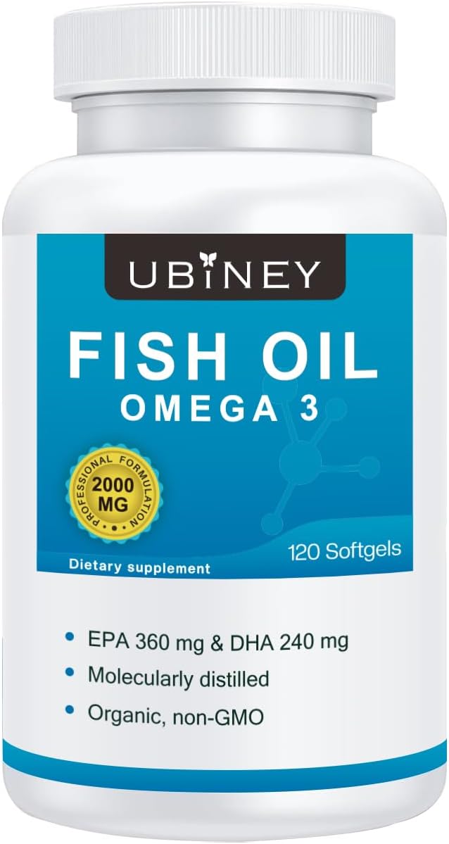 Omega 3 Fish Oil 2000mg Softgels, 120 Count - High Potency EPA 360mg + DHA 240mg, Burpless Fish Oil Supplement for Heart, Brain & Joint Health, Non-GMO, Molecularly Distilled, Vitamin E