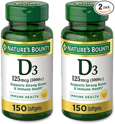 Nature's Bounty Vitamin D3, Immune and Bone Support, 5000IU, Rapid Release Softgels, 150 Ct (Pack of 2)