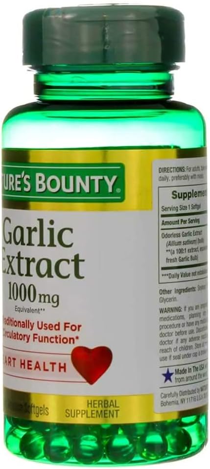 Nature's Bounty Garlic Extract 1000 mg Softgels for Cardiovascular Support,100 ea (Pack of 2)